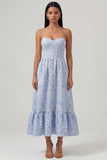 Blue Strapless Jacquard Corset Midi Wedding Guest Dress