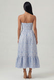 Blue Strapless Jacquard Corset Midi Wedding Guest Dress
