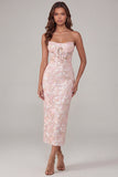 Pink Strapless Floral Sequin Corset Midi Wedding Guest Dress