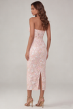 Pink Strapless Floral Sequin Corset Midi Wedding Guest Dress