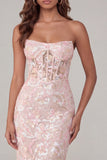Pink Strapless Floral Sequin Corset Midi Wedding Guest Dress