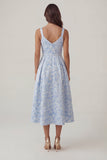 Blue Jacquard A Line Midi Wedding Guest Dress