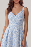 Blue Jacquard A Line Midi Wedding Guest Dress
