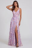 Floral Lilac Applique A Line V Neck Maxi Wedding Guest Dress with Slit
