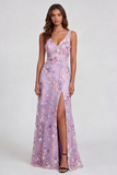 Floral Lilac Applique A Line V Neck Maxi Wedding Guest Dress with Slit