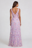 Floral Lilac Applique A Line V Neck Maxi Wedding Guest Dress with Slit