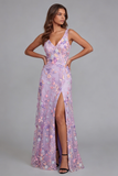 Floral Lilac Applique A Line V Neck Maxi Wedding Guest Dress with Slit