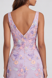 Floral Lilac Applique A Line V Neck Maxi Wedding Guest Dress with Slit