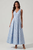 Blue Floral Jacquard V Neck A Line Wedding Guest Dress