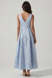 Blue Floral Jacquard V Neck A Line Wedding Guest Dress