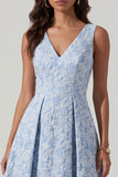 Blue Floral Jacquard V Neck A Line Wedding Guest Dress