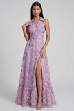 Lilac Floral Embroidered A Line Maxi Wedding Guest Dress with Slit