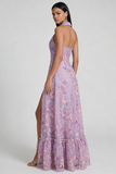 Lilac Floral Embroidered A Line Maxi Wedding Guest Dress with Slit
