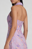 Lilac Floral Embroidered A Line Maxi Wedding Guest Dress with Slit