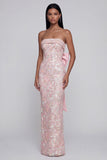 Pink Sequin Strapless Sheath Maxi Wedding Guest Dress with Bow