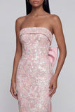 Pink Sequin Strapless Sheath Maxi Wedding Guest Dress with Bow