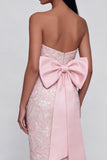 Pink Sequin Strapless Sheath Maxi Wedding Guest Dress with Bow