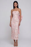Strapless Pink Sequin Midi Wedding Guest Dress with Bow