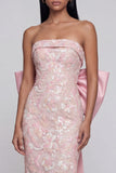 Strapless Pink Sequin Midi Wedding Guest Dress with Bow