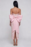 Strapless Pink Sequin Midi Wedding Guest Dress with Bow