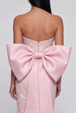 Strapless Pink Sequin Midi Wedding Guest Dress with Bow