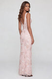 Pink Floral Sequin V Neck Maxi Dress with Slit