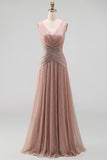 Ruched Dusty Rose A Line V Neck Evening Dress