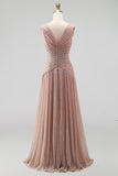 Ruched Dusty Rose A Line V Neck Evening Dress
