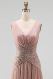 Ruched Dusty Rose A Line V Neck Evening Dress