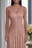 Ruched Dusty Rose A Line V Neck Evening Dress