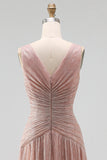 Ruched Dusty Rose A Line V Neck Evening Dress