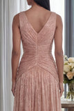 Ruched Dusty Rose A Line V Neck Evening Dress