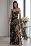 Strapless Ruched A Line Dusty Sage Evening Dress with Slit