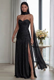 Strapless Ruched A Line Dusty Sage Evening Dress with Slit