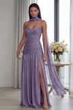 Strapless Ruched A Line Dusty Sage Evening Dress with Slit