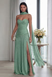 Strapless Ruched A Line Dusty Sage Evening Dress with Slit