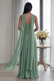 Strapless Ruched A Line Dusty Sage Evening Dress with Slit