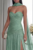 Strapless Ruched A Line Dusty Sage Evening Dress with Slit