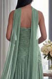 Strapless Ruched A Line Dusty Sage Evening Dress with Slit