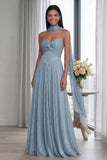 Strapless Sky Blue Ruched A Line Evening Dress