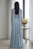 Strapless Sky Blue Ruched A Line Evening Dress