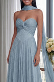 Strapless Sky Blue Ruched A Line Evening Dress