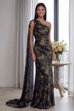 Navy One Shoulder Ruched Memaid Evening Dress