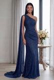 Navy One Shoulder Ruched Memaid Evening Dress