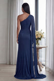 Navy One Shoulder Ruched Memaid Evening Dress