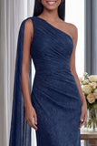 Navy One Shoulder Ruched Memaid Evening Dress