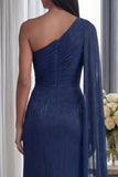 Navy One Shoulder Ruched Memaid Evening Dress