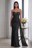 Black Strapless Ruched Evening Dress with Streamer