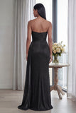 Black Strapless Ruched Evening Dress with Streamer