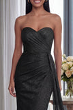Black Strapless Ruched Evening Dress with Streamer